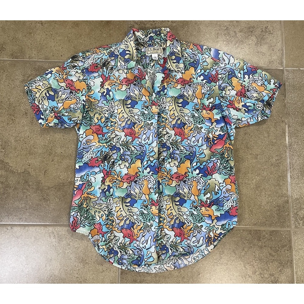 VTG LL Bean Womens Sz 4 Multicolor Fish Ocean Print Button-Up Shirt Made in USA